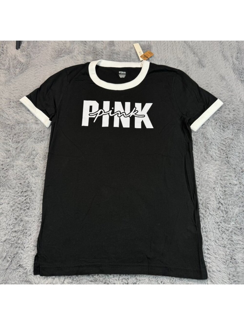 Victoria's Secret PINK T-Shirt Women's XS Black Cotton Ringer Graphic Tee Summer